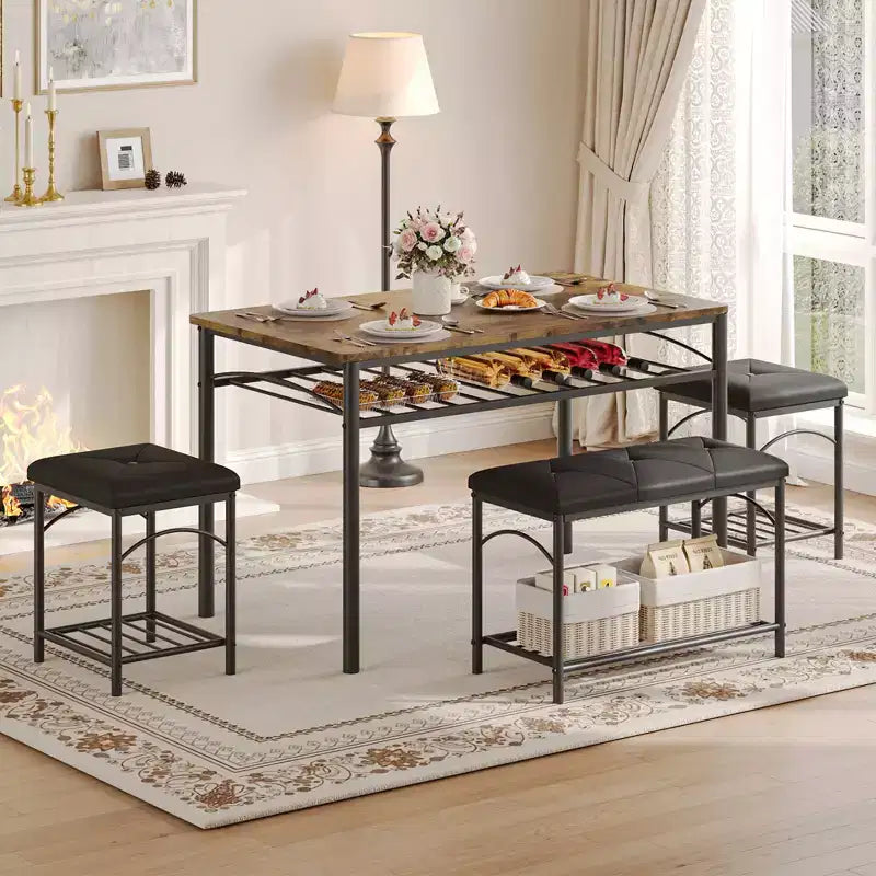 Set da pranzo di 4 pezzi con panche e sgabelli imbottiti - Tavolo da cucina compatto per appartamenti, monolocali e piccoli spazi