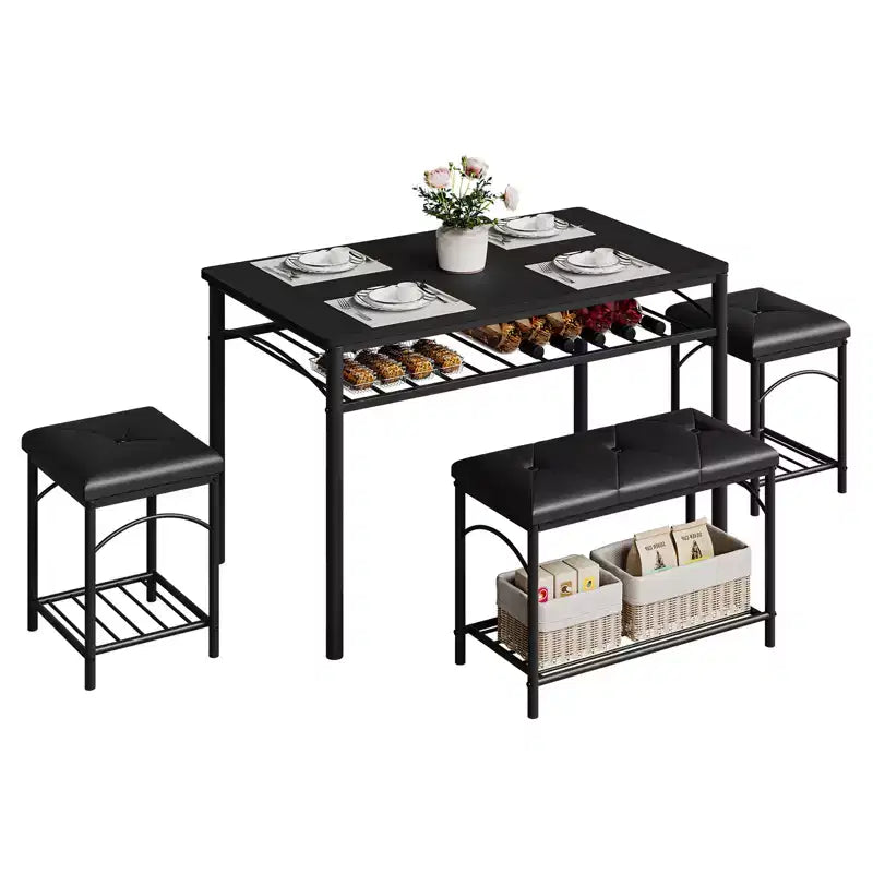 4-Piece Dining Set with Upholstered Benches & Stools - Compact Kitchen Table for Apartments, Studios & Small Spaces