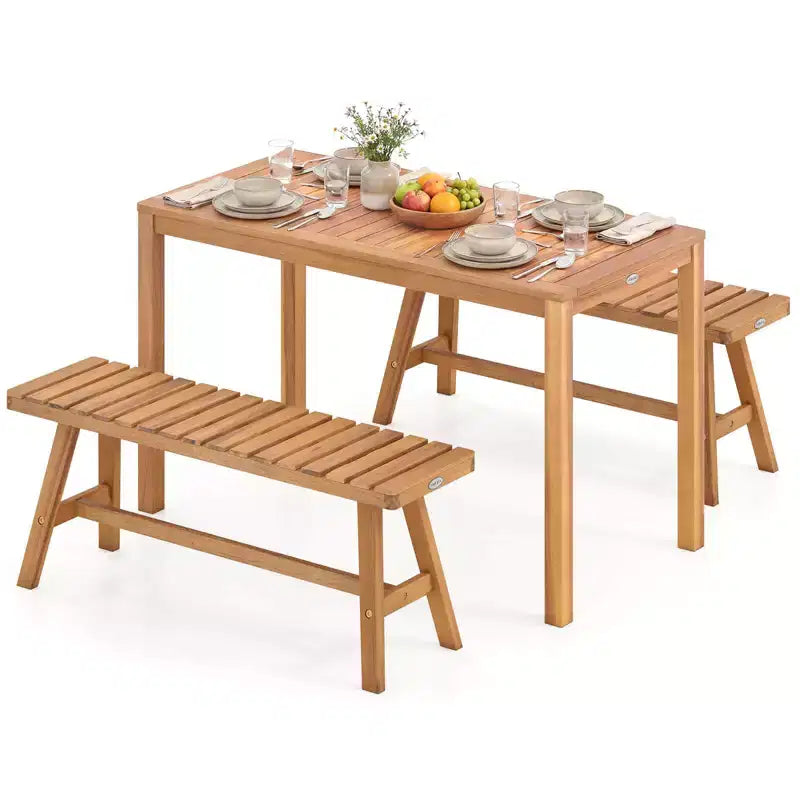 Set da Pranzo da Esterno Costway 3 Pezzi in Legno di Acacia con Sedie a Doghe per Terrazza, Prato e Giardino