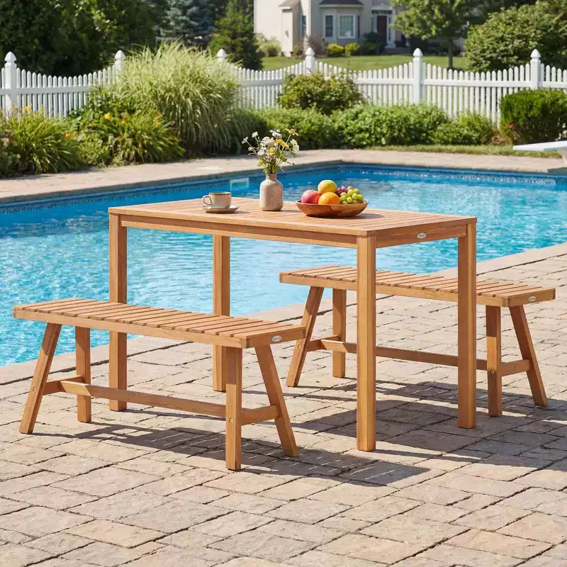 Set da Pranzo da Esterno Costway 3 Pezzi in Legno di Acacia con Sedie a Doghe per Terrazza, Prato e Giardino