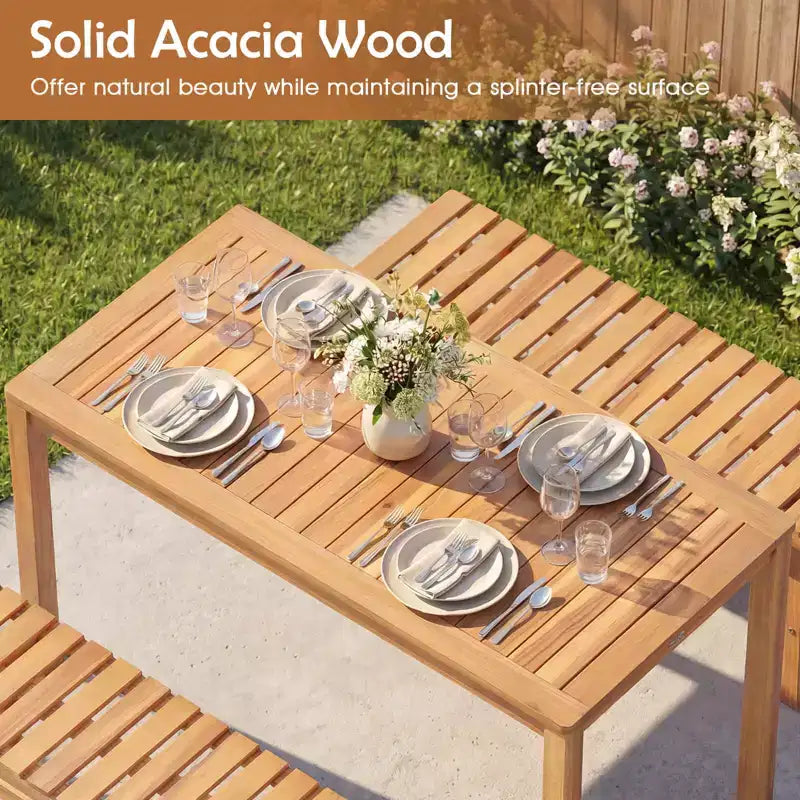 Set da Pranzo da Esterno Costway 3 Pezzi in Legno di Acacia con Sedie a Doghe per Terrazza, Prato e Giardino