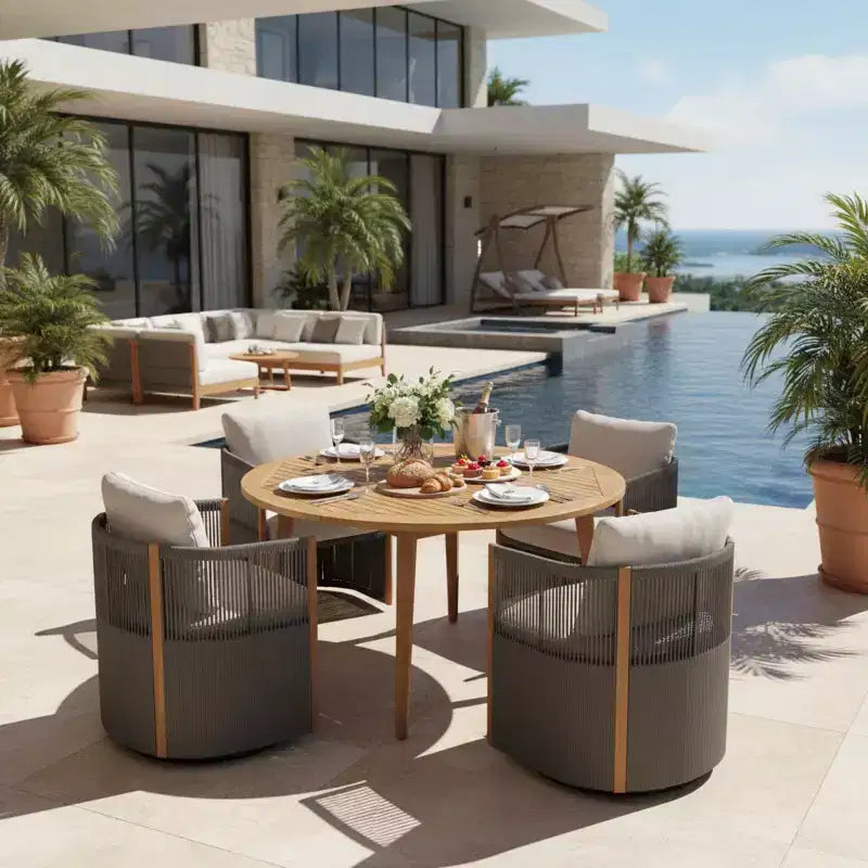 Christopher Knight Home Oliver, set da pranzo girevole da esterno per patio, 5 pezzi in legno di acacia e corda con cuscini, tavolo e 4 sedie