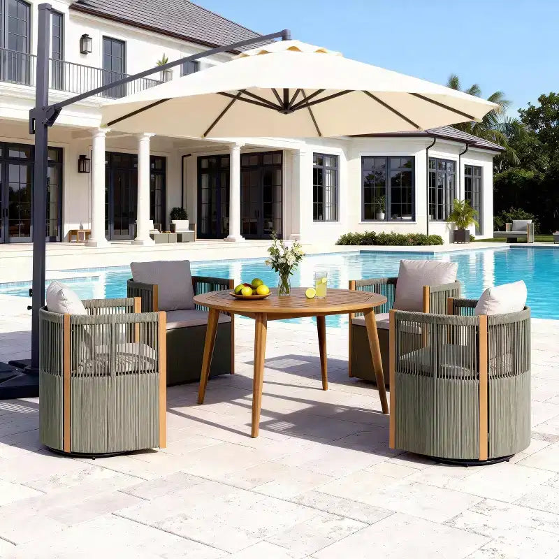 Christopher Knight Home Oliver, set da pranzo girevole da esterno per patio, 5 pezzi in legno di acacia e corda con cuscini, tavolo e 4 sedie