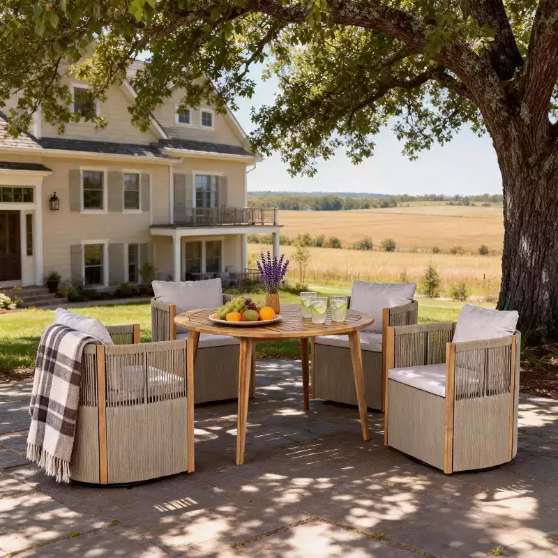 Christopher Knight Home Oliver, set da pranzo girevole da esterno per patio, 5 pezzi in legno di acacia e corda con cuscini, tavolo e 4 sedie