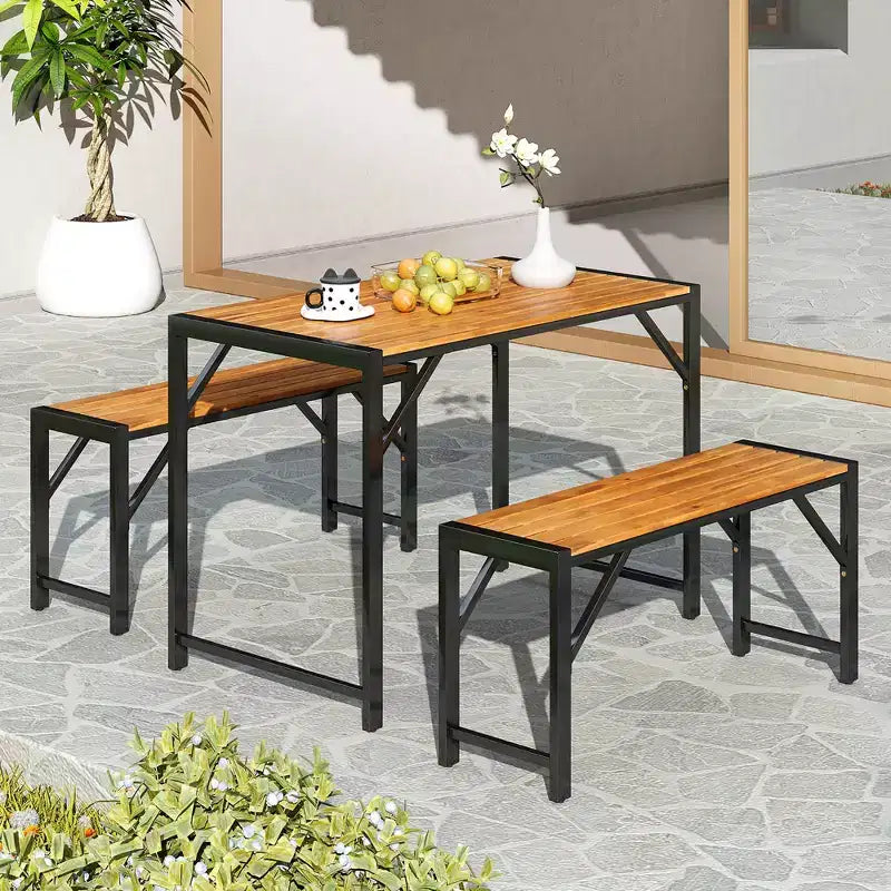 Set da Pranzo 3 Pezzi Costway per 4 Persone, Tavolo da Picnic e 2 Panche da Esterno con Telaio in Metallo