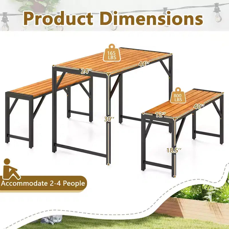 Set da Pranzo 3 Pezzi Costway per 4 Persone, Tavolo da Picnic e 2 Panche da Esterno con Telaio in Metallo