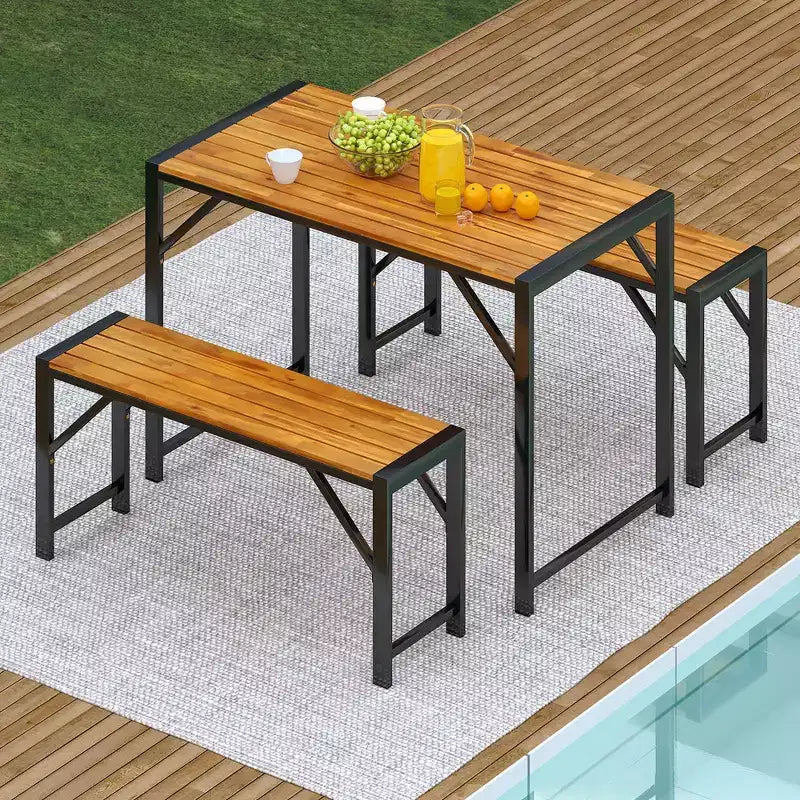 Set da Pranzo 3 Pezzi Costway per 4 Persone, Tavolo da Picnic e 2 Panche da Esterno con Telaio in Metallo