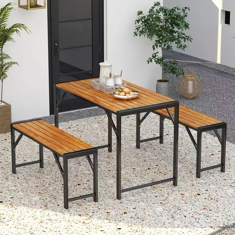 Set da Pranzo 3 Pezzi Costway per 4 Persone, Tavolo da Picnic e 2 Panche da Esterno con Telaio in Metallo