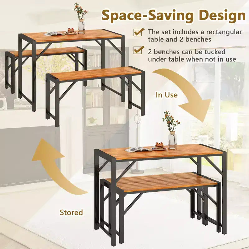 Set da Pranzo 3 Pezzi Costway per 4 Persone, Tavolo da Picnic e 2 Panche da Esterno con Telaio in Metallo