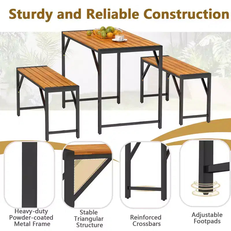 Set da Pranzo 3 Pezzi Costway per 4 Persone, Tavolo da Picnic e 2 Panche da Esterno con Telaio in Metallo