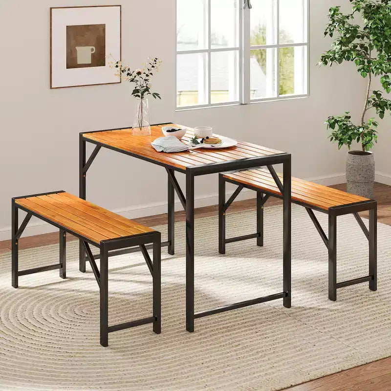 Set da Pranzo 3 Pezzi Costway per 4 Persone, Tavolo da Picnic e 2 Panche da Esterno con Telaio in Metallo