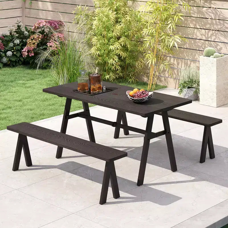Costway Set Tavolo da Picnic e 2 Panche da Esterno per 6 Persone con Foro per Ombrellone da 1,93