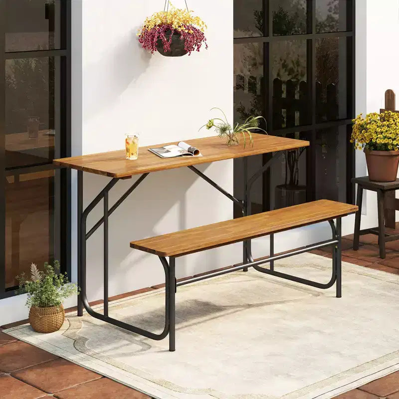 Costway Tavolo e Panca da Giardino per 2 Persone Tavolo da Picnic e Divanetto con Piano in Legno di Acacia e Gambe in Metallo
