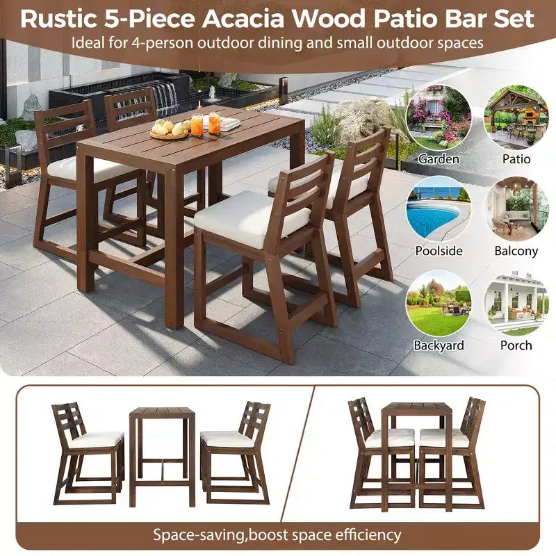 Set da bar Whisen a 5 pezzi in stile rustico per patio, tavolo e sedie da esterno con sedie ergonomiche e piano del tavolo a doghe