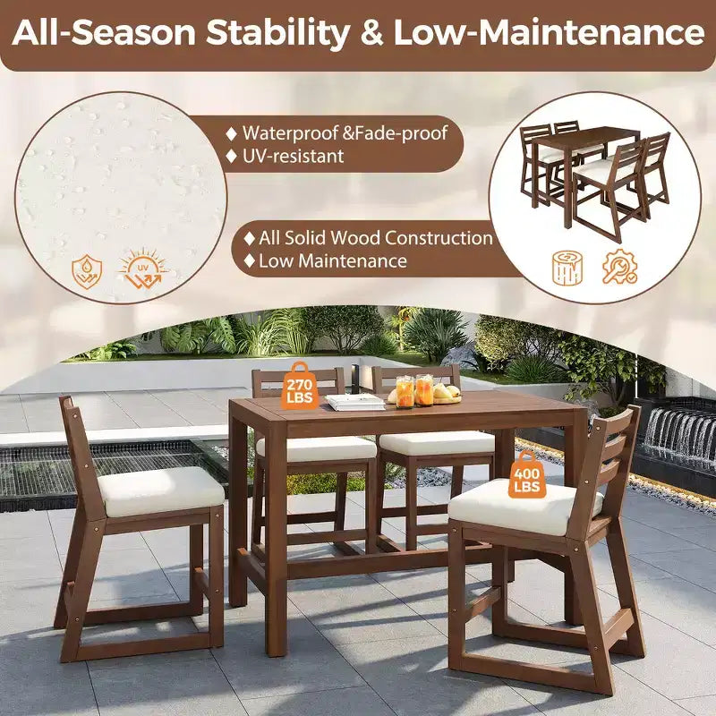 Set da bar Whisen a 5 pezzi in stile rustico per patio, tavolo e sedie da esterno con sedie ergonomiche e piano del tavolo a doghe