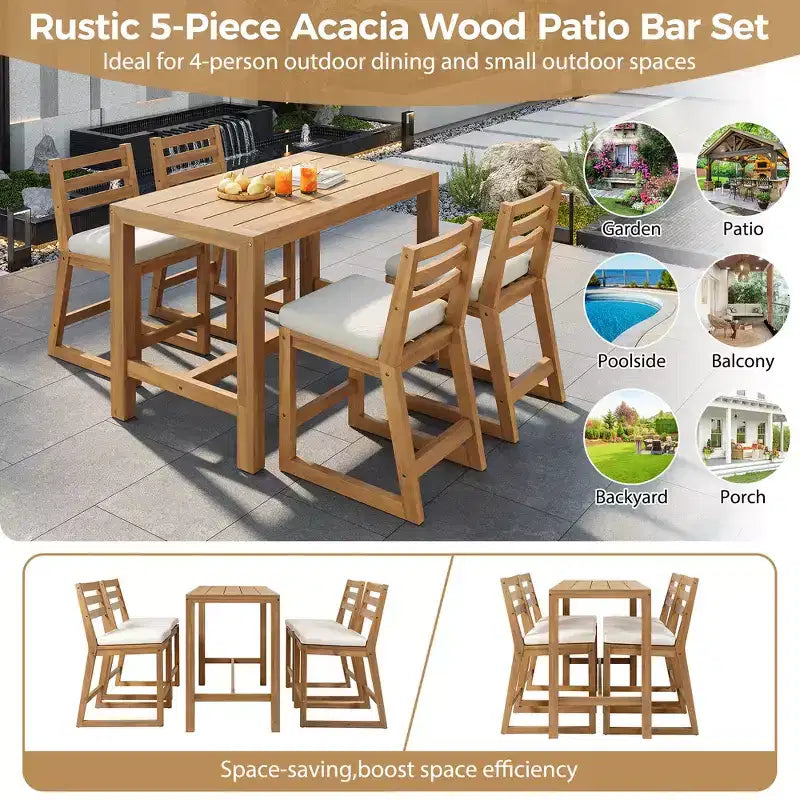 Set da bar Whisen a 5 pezzi in stile rustico per patio, tavolo e sedie da esterno con sedie ergonomiche e piano del tavolo a doghe