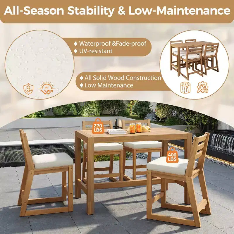 Set da bar Whisen a 5 pezzi in stile rustico per patio, tavolo e sedie da esterno con sedie ergonomiche e piano del tavolo a doghe