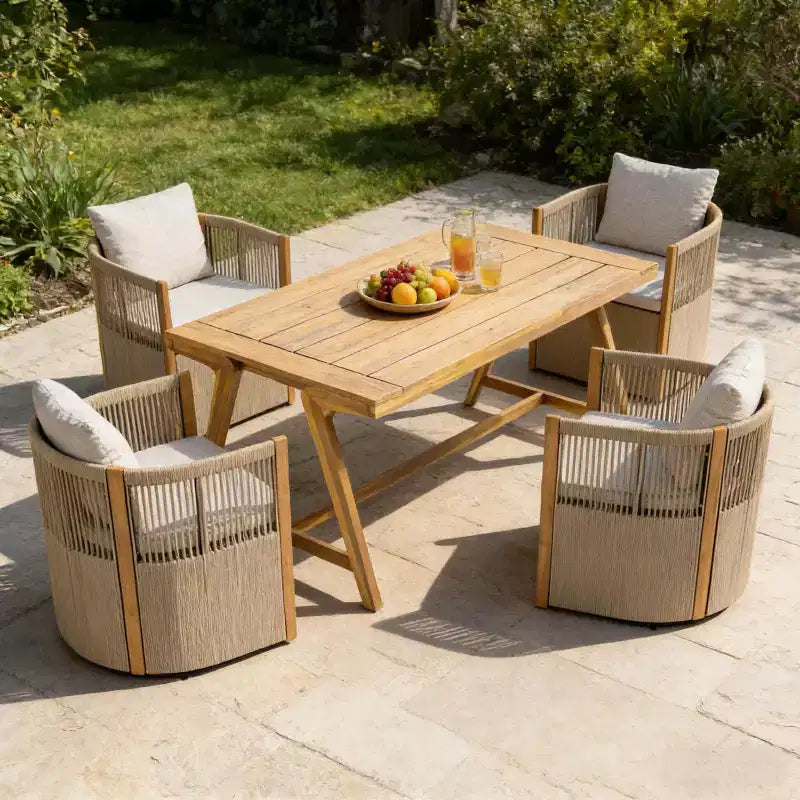 Christopher Knight Home Carter Patio Modern Acacia Wood 5-Piece Outdoor Dining Set with Rectangular Table and 4 Rope Swivel Chairs