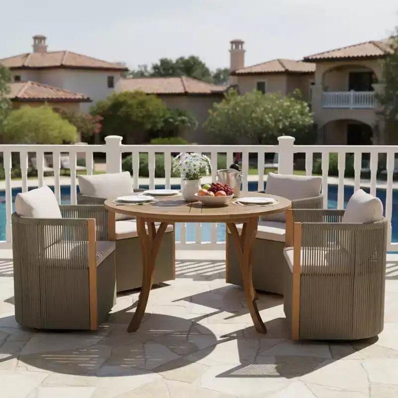 Christopher Knight Home Everett modernes 5-teiliges Outdoor-Esszimmer-Set aus Akazienholz mit rundem Tisch und 4 drehbaren Seilstühlen