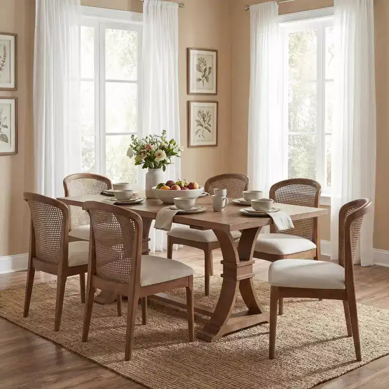 Christopher Knight Home Elowen Set da Pranzo in Stile Fattoria da 7 Pezzi in Legno di Gomma Allungabile con Sedie Imbottite in Tessuto Rattan