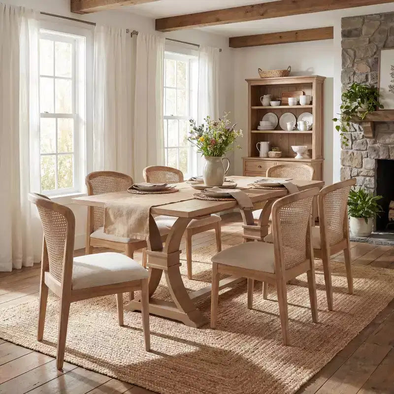 Christopher Knight Home Elowen Set da Pranzo in Stile Fattoria da 7 Pezzi in Legno di Gomma Allungabile con Sedie Imbottite in Tessuto Rattan