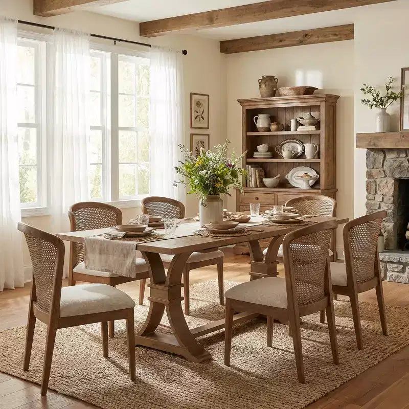 Christopher Knight Home Elowen 7-teiliges erweiterbares Landhaus-Esszimmerset aus Kautschukholz mit mit Rattanstoff gepolsterten Stühlen