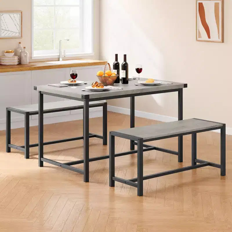 Set tavolo da pranzo salvaspazio per 4-6 persone, tavolo rettangolare in metallo e legno con 2 panche, facile da montare, per appartamenti, spazi ridotti