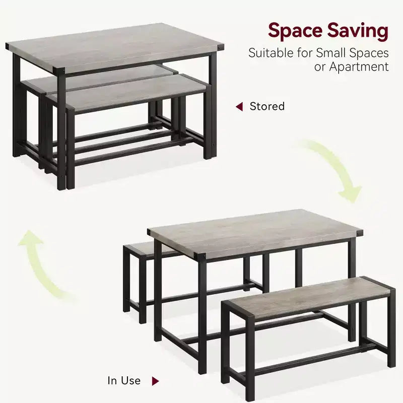 Set tavolo da pranzo salvaspazio per 4-6 persone, tavolo rettangolare in metallo e legno con 2 panche, facile da montare, per appartamenti, spazi ridotti