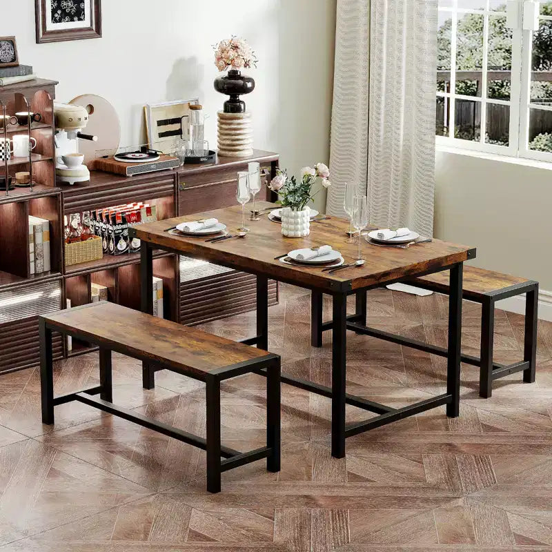 Set tavolo da pranzo salvaspazio per 4-6 persone, tavolo rettangolare in metallo e legno con 2 panche, facile da montare, per appartamenti, spazi ridotti