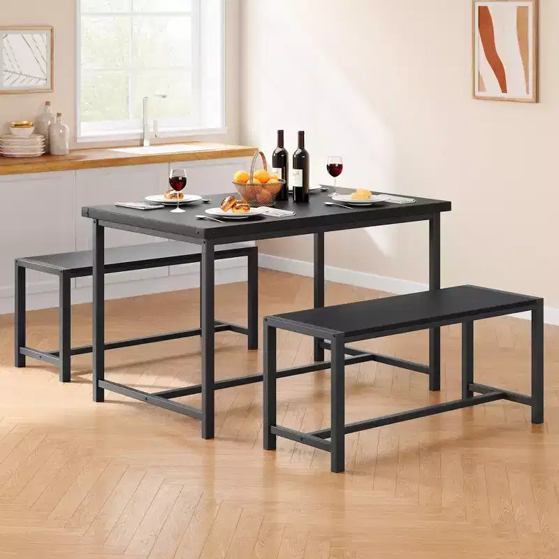 Set tavolo da pranzo salvaspazio per 4-6 persone, tavolo rettangolare in metallo e legno con 2 panche, facile da montare, per appartamenti, spazi ridotti