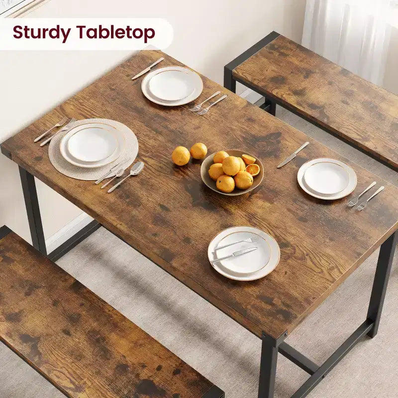 Set tavolo da pranzo salvaspazio per 4-6 persone, tavolo rettangolare in metallo e legno con 2 panche, facile da montare, per appartamenti, spazi ridotti