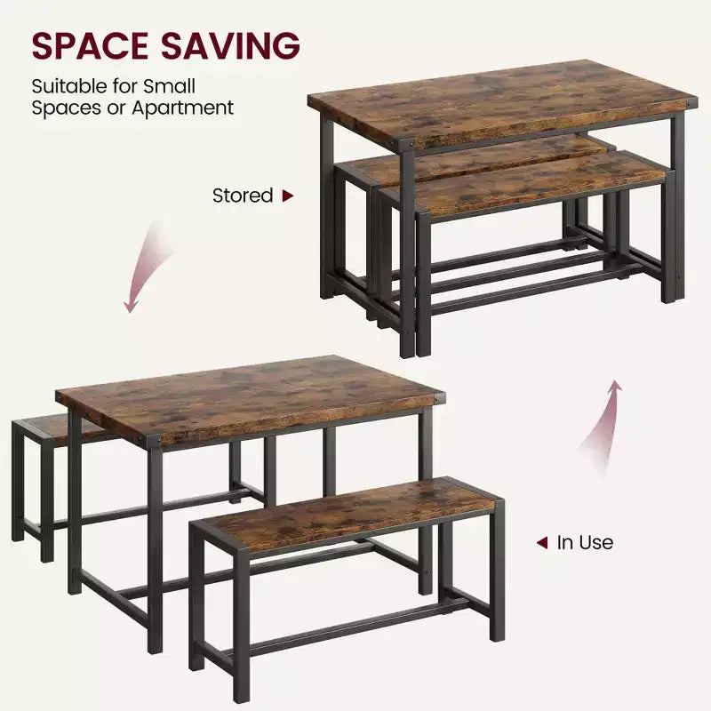 Set tavolo da pranzo salvaspazio per 4-6 persone, tavolo rettangolare in metallo e legno con 2 panche, facile da montare, per appartamenti, spazi ridotti
