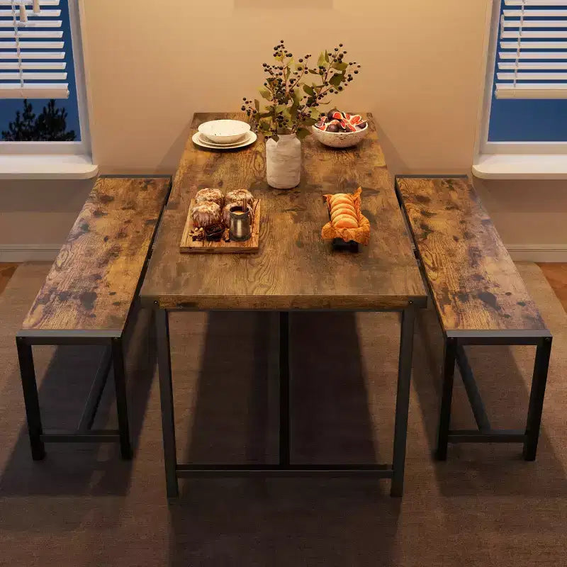 Set tavolo da pranzo salvaspazio per 4-6 persone, tavolo rettangolare in metallo e legno con 2 panche, facile da montare, per appartamenti, spazi ridotti