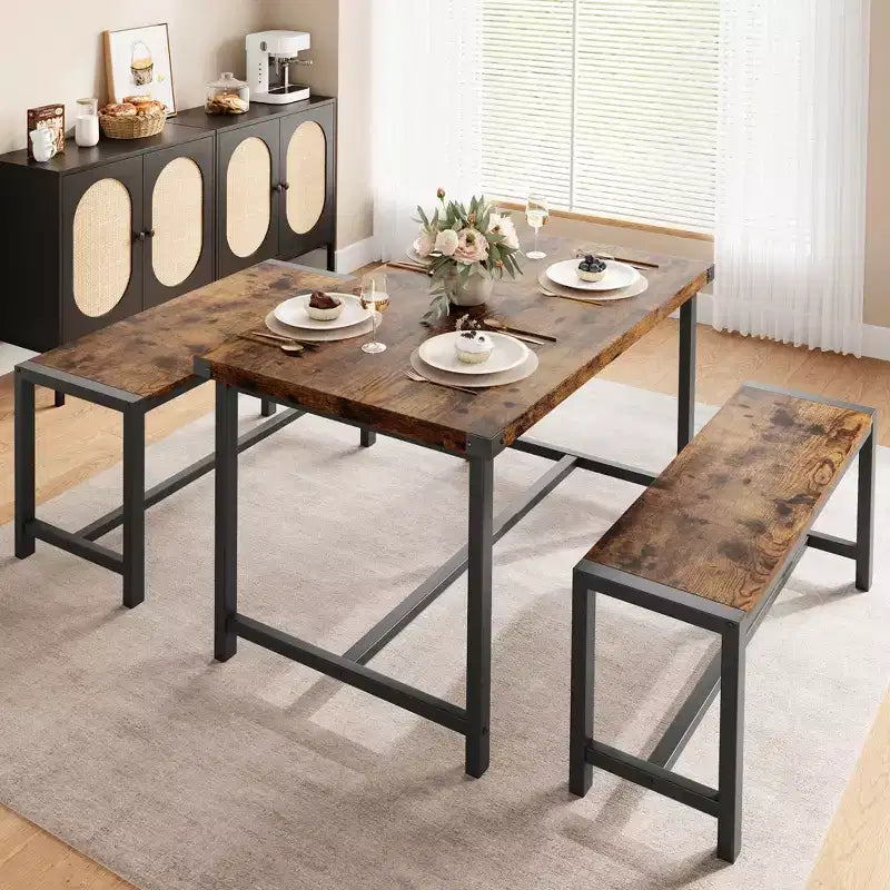 Set tavolo da pranzo salvaspazio per 4-6 persone, tavolo rettangolare in metallo e legno con 2 panche, facile da montare, per appartamenti, spazi ridotti