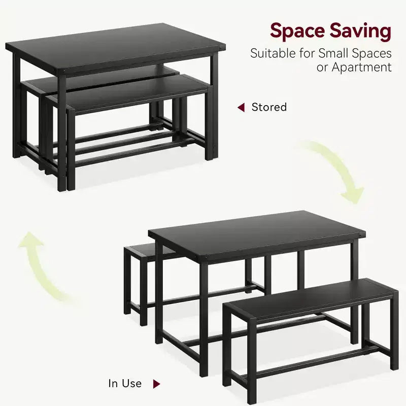 Set tavolo da pranzo salvaspazio per 4-6 persone, tavolo rettangolare in metallo e legno con 2 panche, facile da montare, per appartamenti, spazi ridotti
