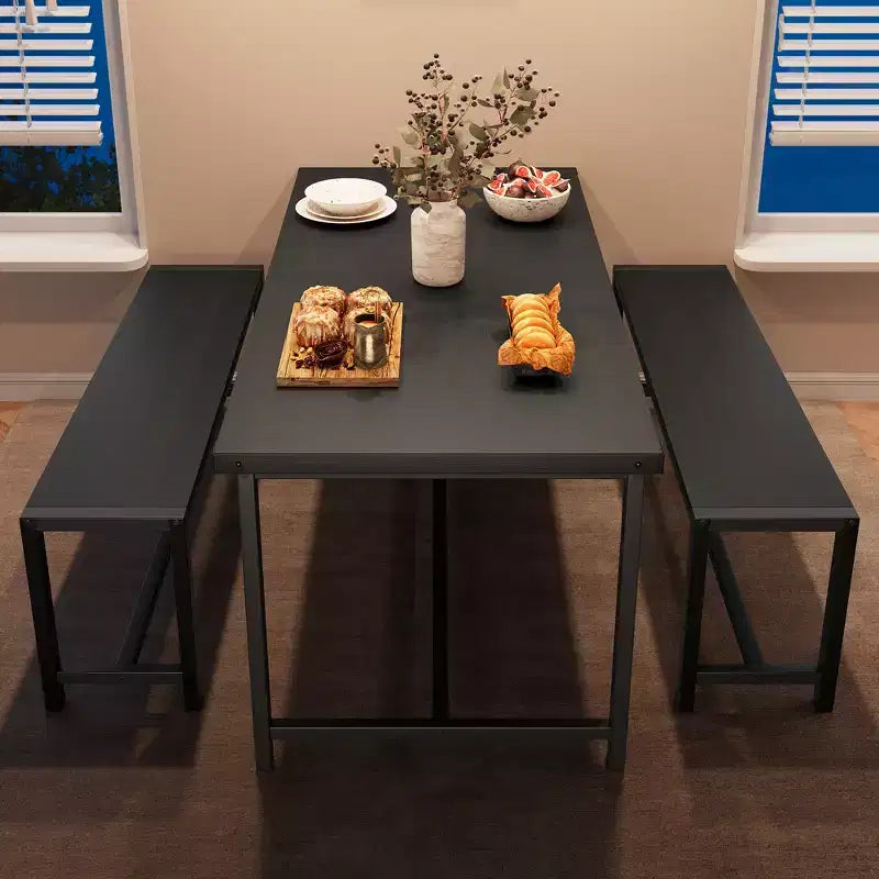 Set tavolo da pranzo salvaspazio per 4-6 persone, tavolo rettangolare in metallo e legno con 2 panche, facile da montare, per appartamenti, spazi ridotti