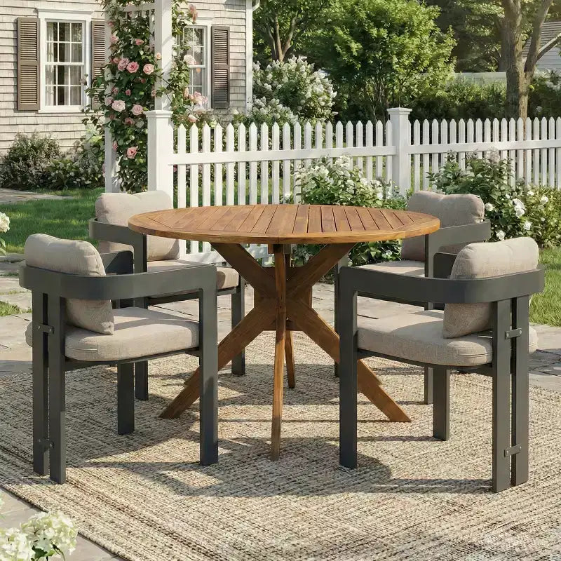 Christopher Knight Home Evren 5 Piece Patio Modern Aluminum Dining Chair with Acacia Wood Slatted Dining Table