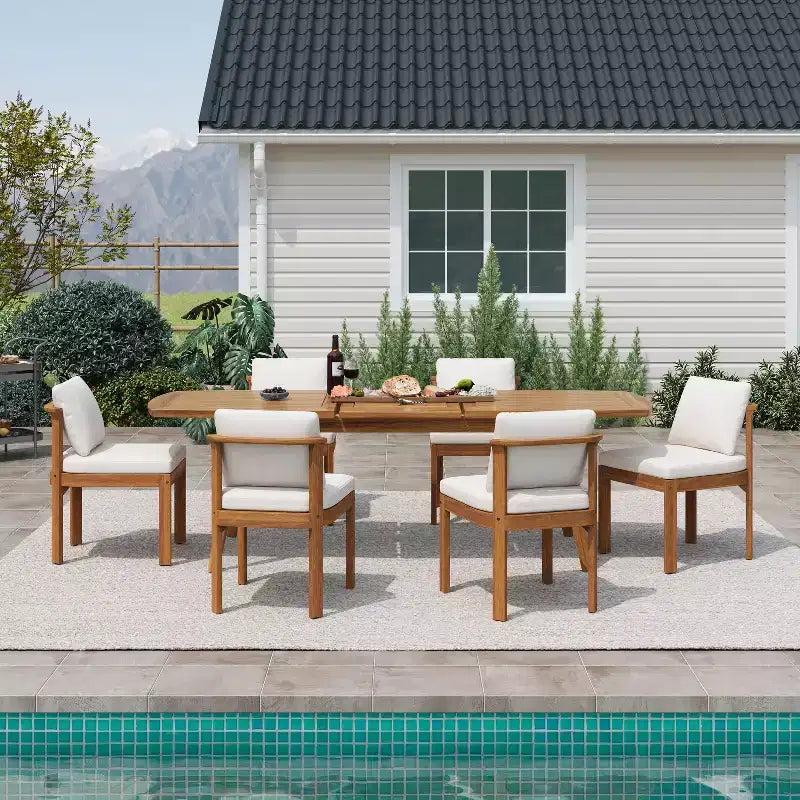 Christopher Knight Home Harrison modernes 7-teiliges Esszimmer-Set für die Terrasse aus Akazienholz mit ausziehbarem Esstisch, Stühlen und Sitzkissen