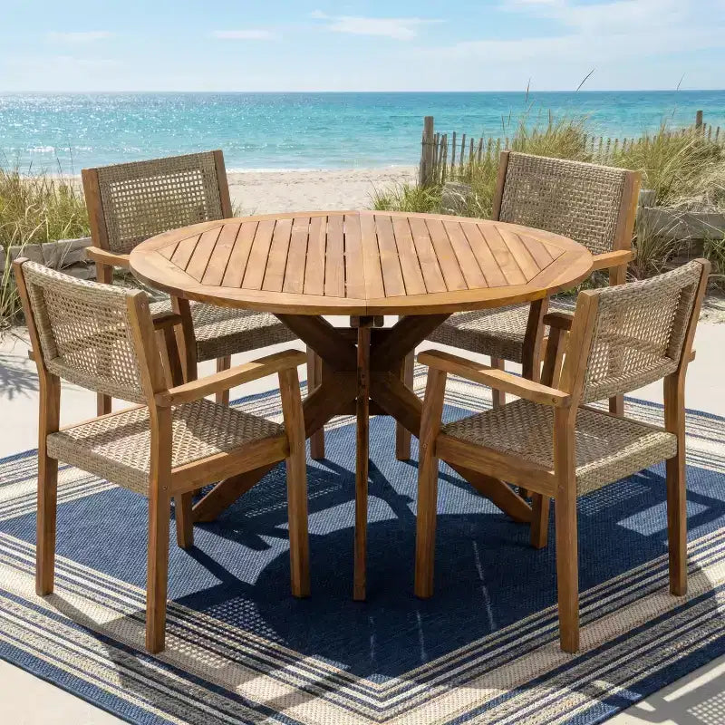 Christopher Knight Home Lucian, set da pranzo a 5 pezzi in legno di acacia, vimini, stile rustico, per patio, con cuscini e tavolo a doghe