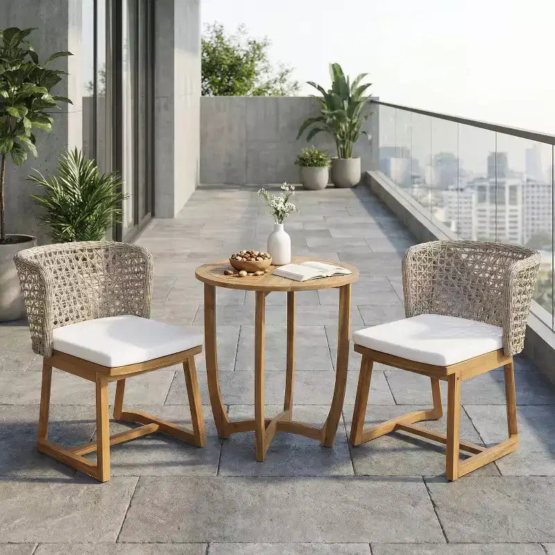 Christopher Knight Home Rohan, set da pranzo da 3 pezzi per patio, moderno, in acacia, con sedie in vimini naturale e tavolo da bistrò