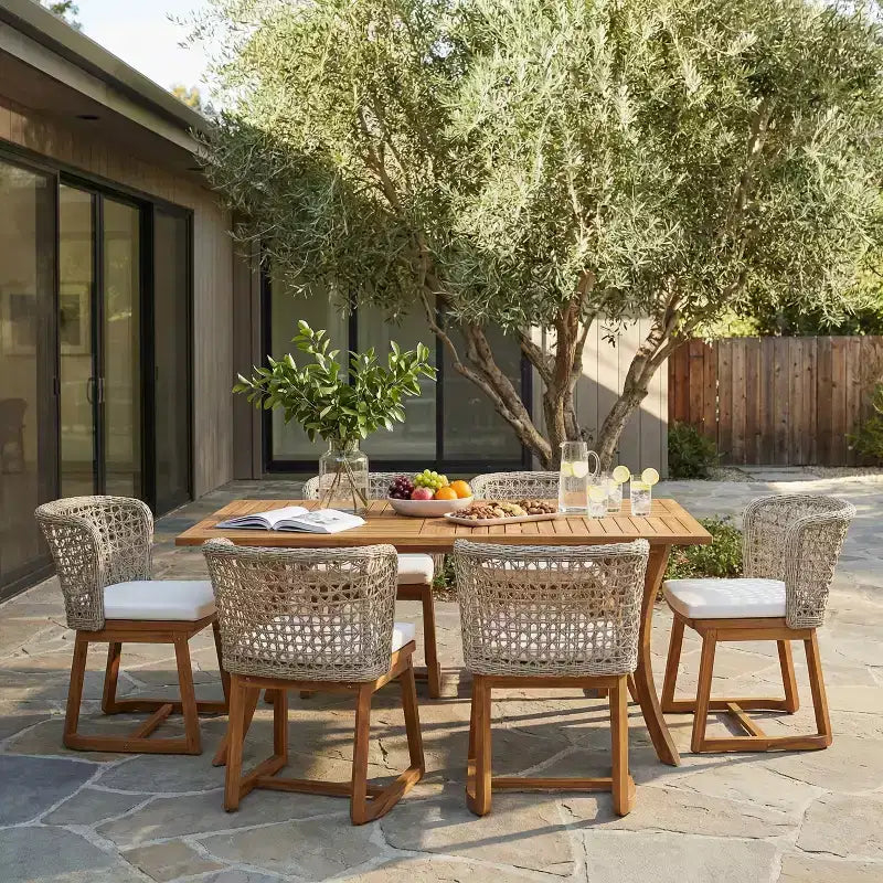 Christopher Knight Home Priya Modern 7 Piece Acacia Patio Dining Chairs with Natural Wicker and Slatted Table