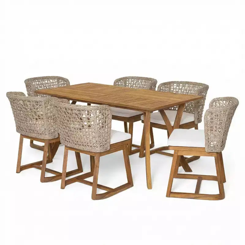 Christopher Knight Home Priya Sedie da pranzo moderne da esterno in acacia a 7 pezzi con vimini naturale e tavolo a doghe