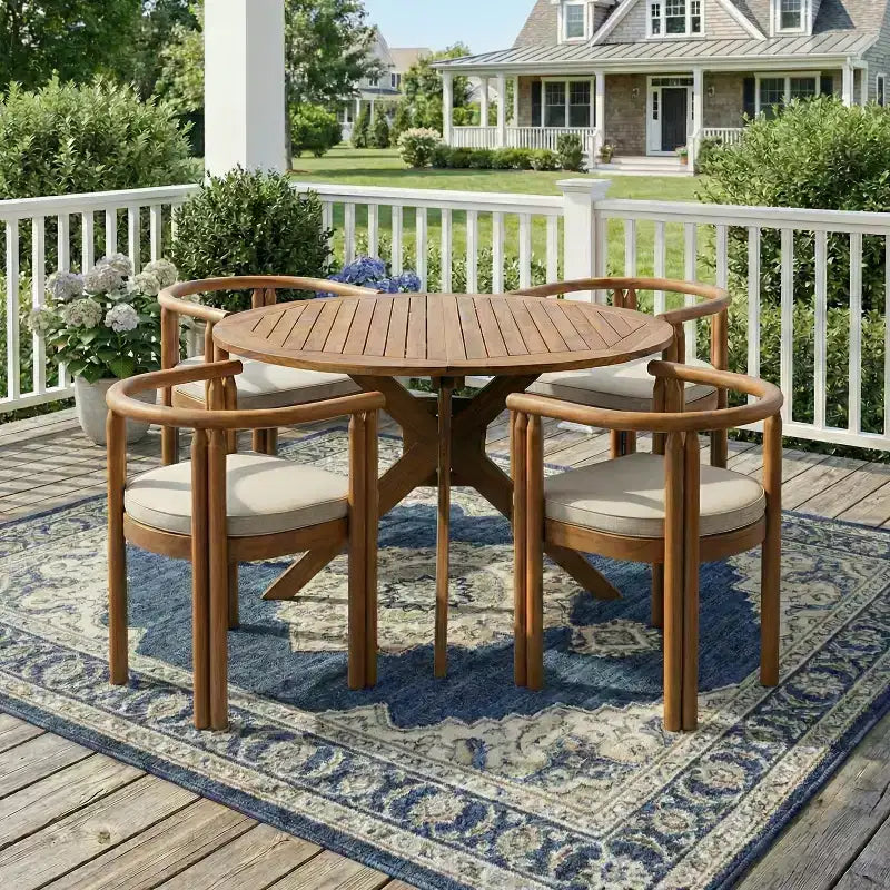 Christopher Knight Home Matteo 5 Piece Patio Rustic Acacia Wood Dining Set with Cushions and Slatted Table