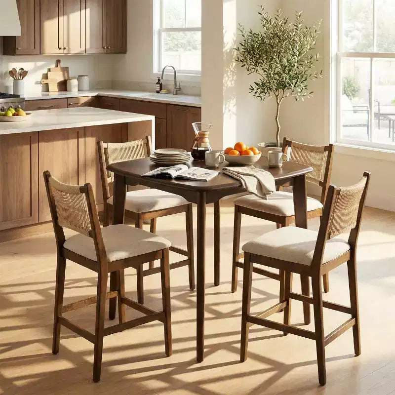 Christopher Knight Home La Modern Set da 5 Pezzi, Tavolo Quadrato e Sgabelli con Seduta Imbottita e Schienale in Corda, in Legno di Caucciù