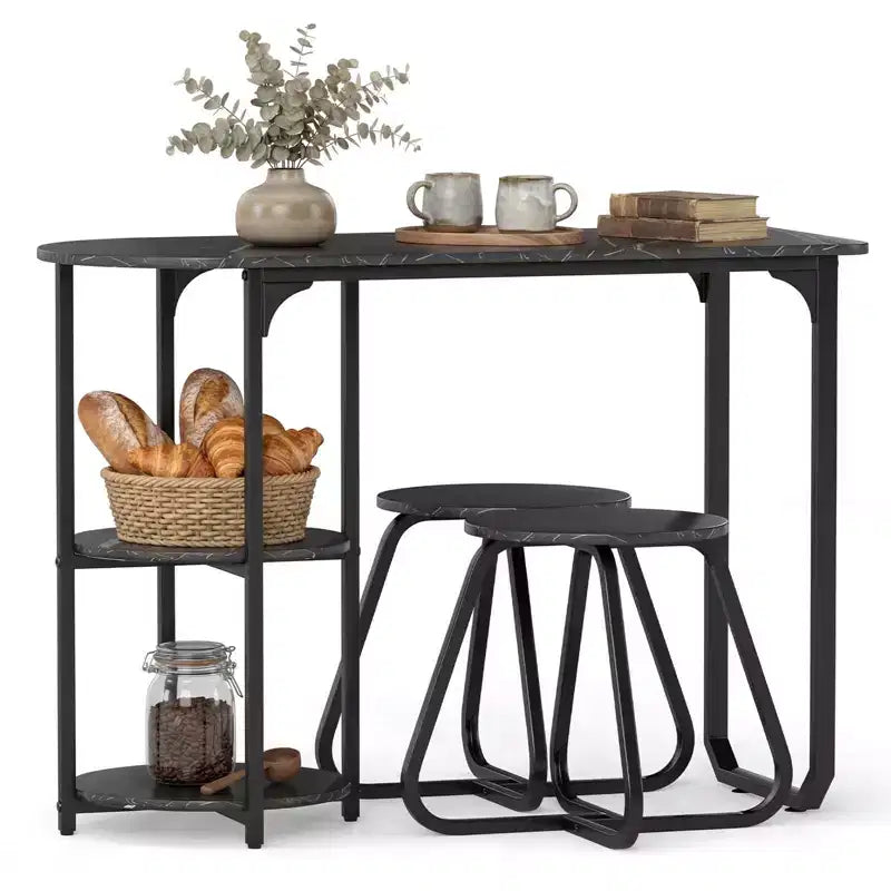 Costway Set Tavolo da Pranzo 3 Pezzi, Tavolo da Cucina in Legno e Metallo e 2 Sgabelli con Ripiani Rustic Brown+Black/White+Golden