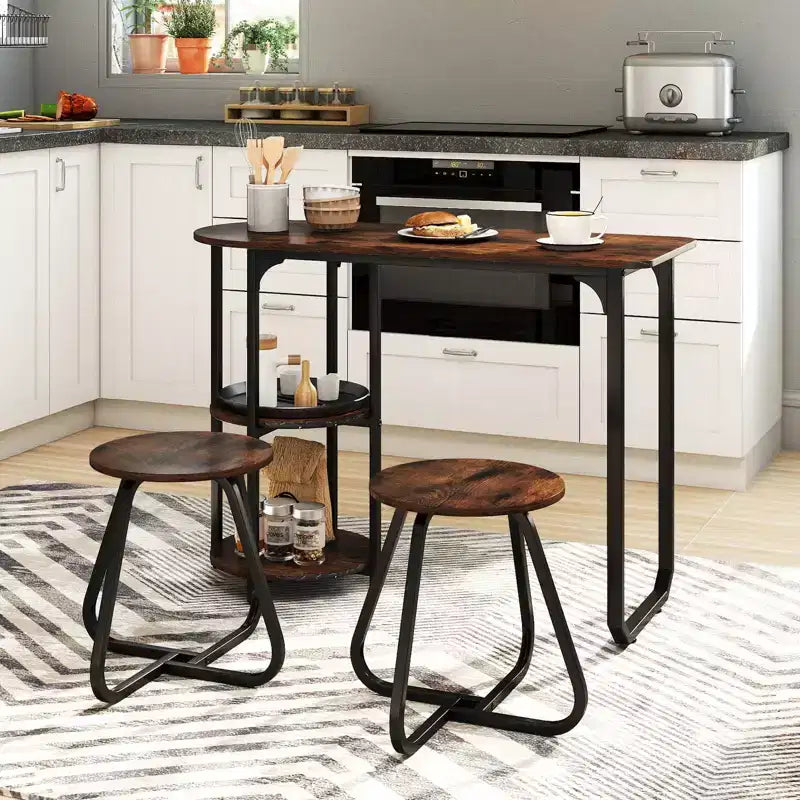 Costway Set Tavolo da Pranzo 3 Pezzi, Tavolo da Cucina in Legno e Metallo e 2 Sgabelli con Ripiani Rustic Brown+Black/White+Golden