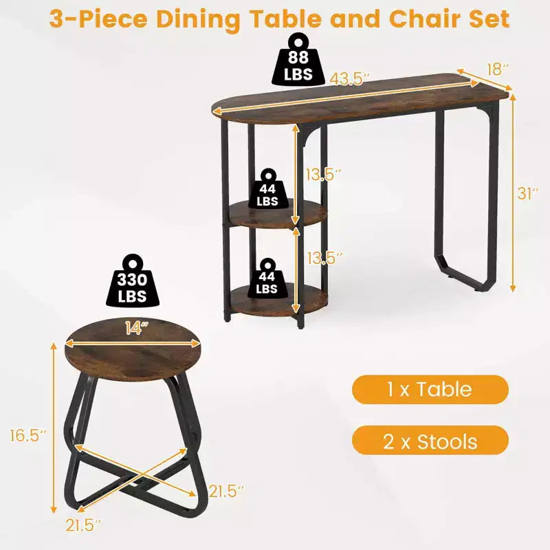 Costway Set Tavolo da Pranzo 3 Pezzi, Tavolo da Cucina in Legno e Metallo e 2 Sgabelli con Ripiani Rustic Brown+Black/White+Golden