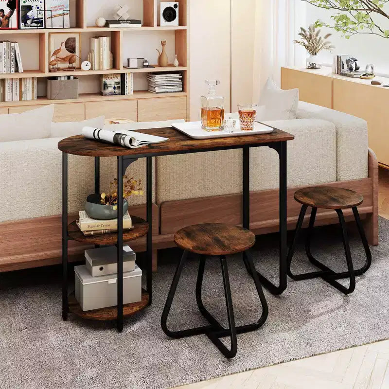 Costway Set Tavolo da Pranzo 3 Pezzi, Tavolo da Cucina in Legno e Metallo e 2 Sgabelli con Ripiani Rustic Brown+Black/White+Golden