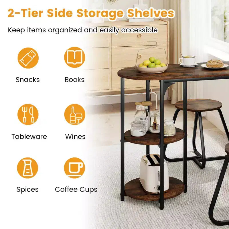 Costway Set Tavolo da Pranzo 3 Pezzi, Tavolo da Cucina in Legno e Metallo e 2 Sgabelli con Ripiani Rustic Brown+Black/White+Golden