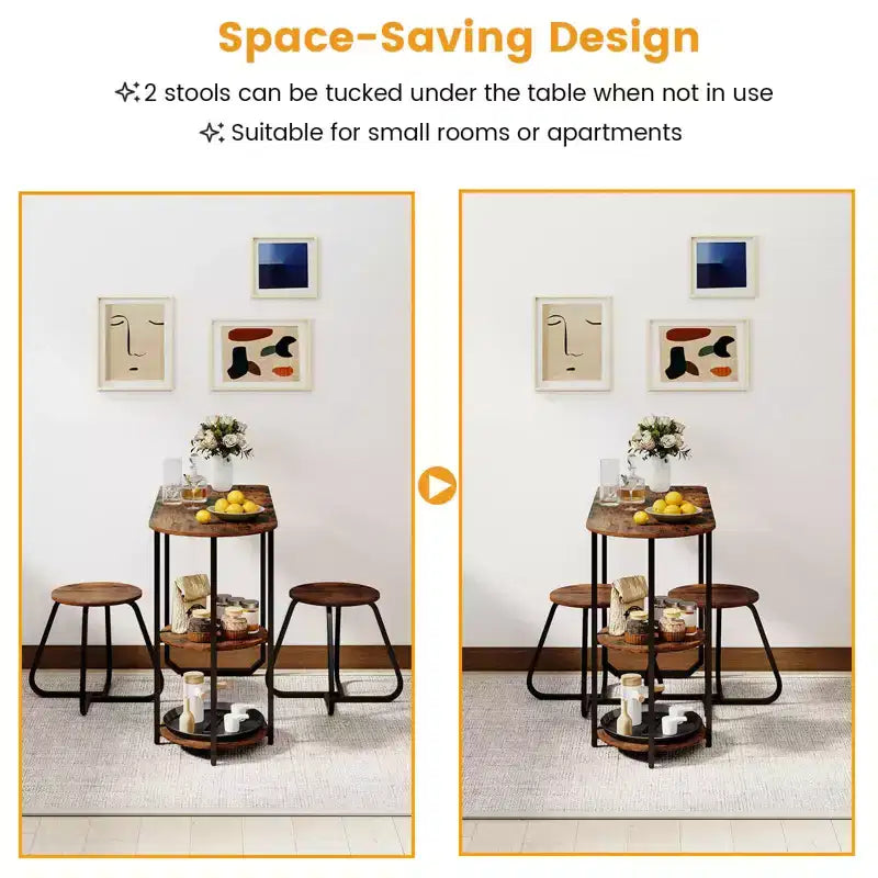 Costway Set Tavolo da Pranzo 3 Pezzi, Tavolo da Cucina in Legno e Metallo e 2 Sgabelli con Ripiani Rustic Brown+Black/White+Golden